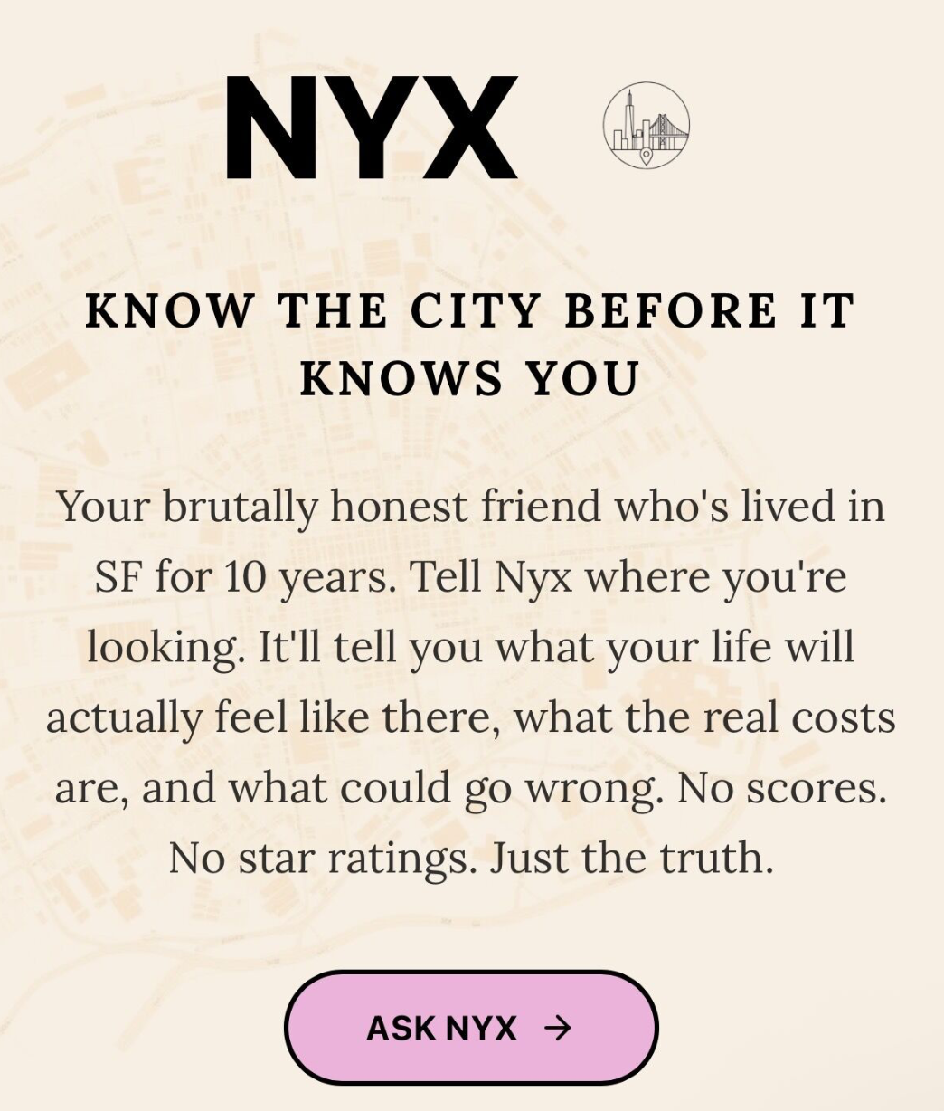 Nyx product preview — an AI apartment vetting tool that surfaces hidden fees, building violations, and tenant reviews from a single listing URL